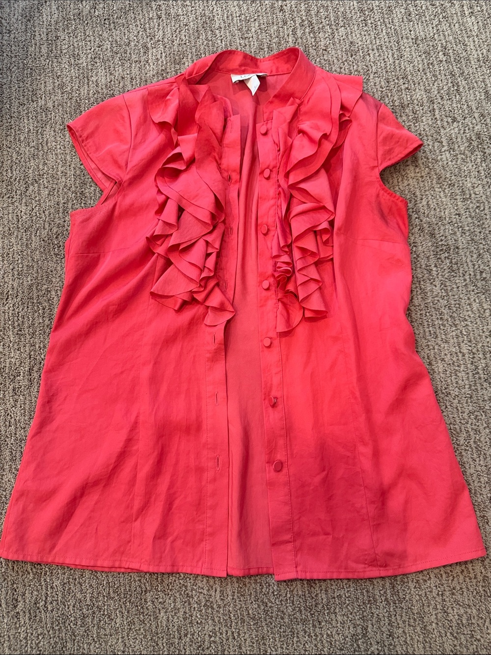 LOFT Coral Red Ruffle Front Button-Down Blouse